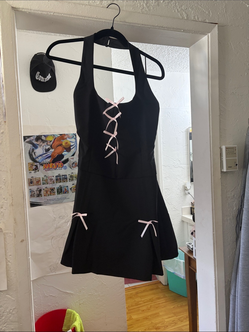 Fashion Nova Black Backless Dress with Pink Ribbon Detail